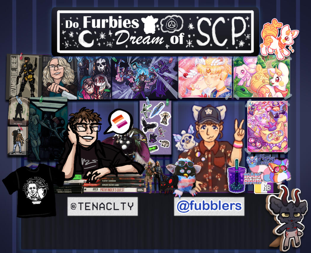 Artists tenaclty and fubblers in a digital drawing of a convention booth. They are surrounded by posters and merchandise.