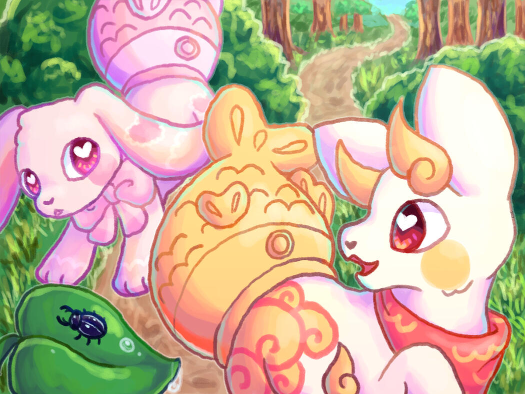 Artists tenaclty and fubblers in a digital drawing of a convention booth. They are surrounded by posters and merchandise.